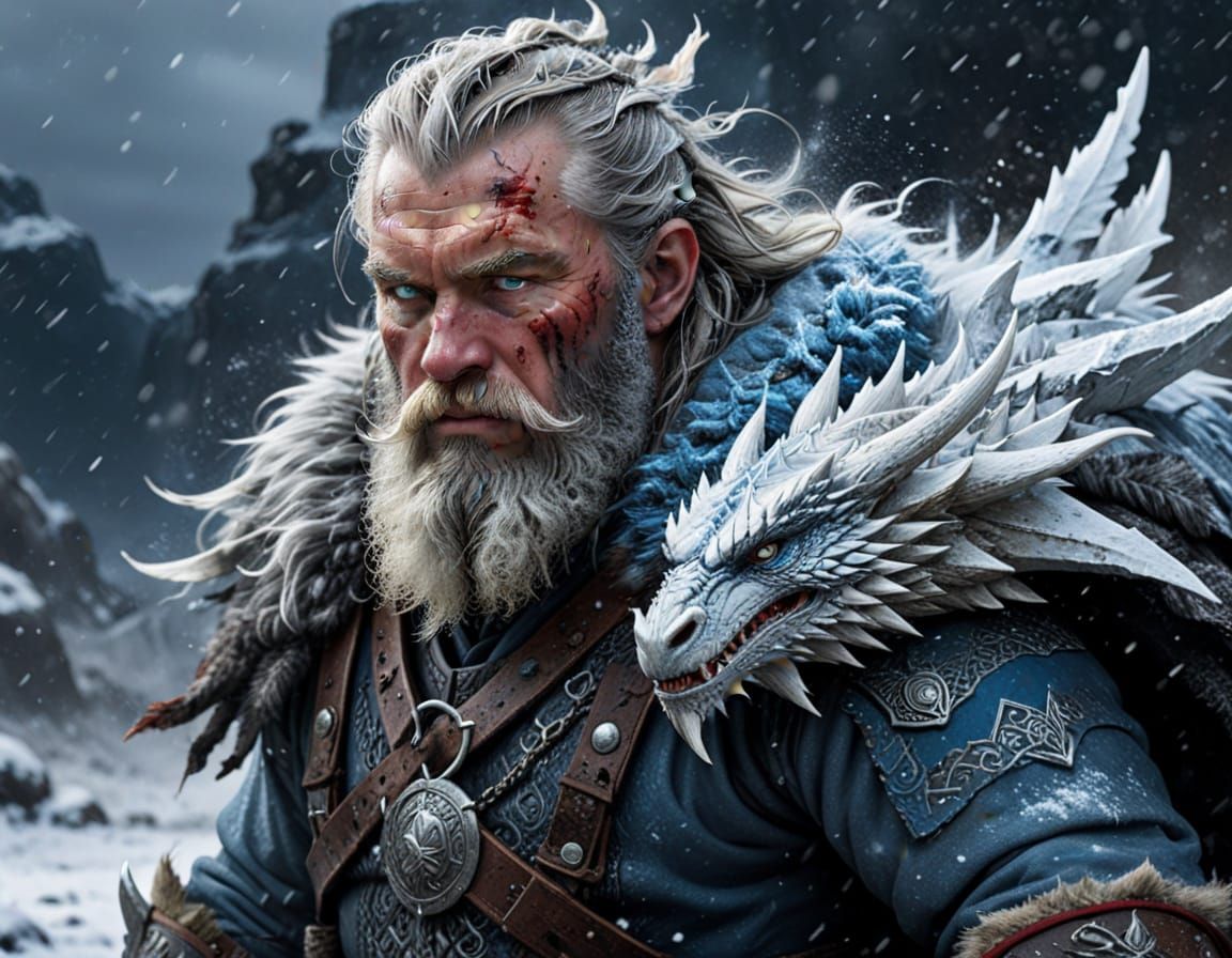 Viking and Dragon in Cyberpunk Snowstorm