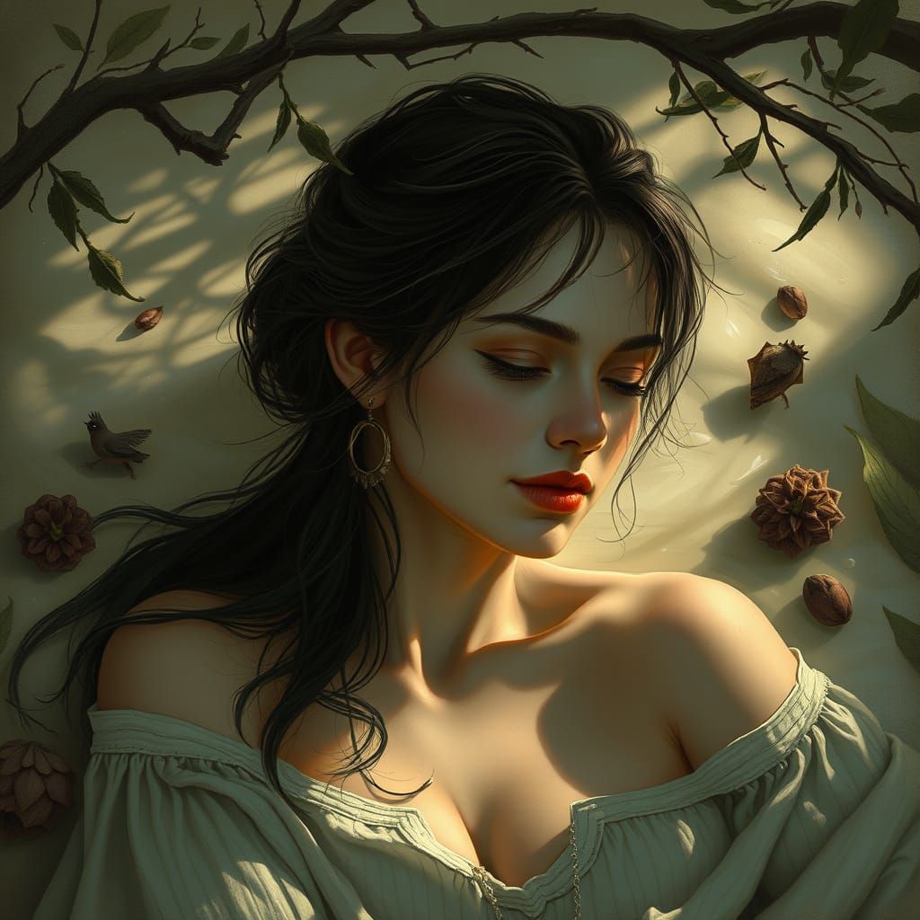 Serene Woman in Tranquil Nature, Dark Fantasy Style