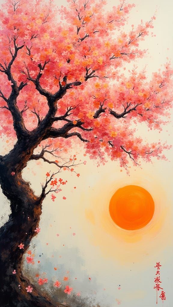 Vibrant Cherry Blossom Tree in Impressionistic Style