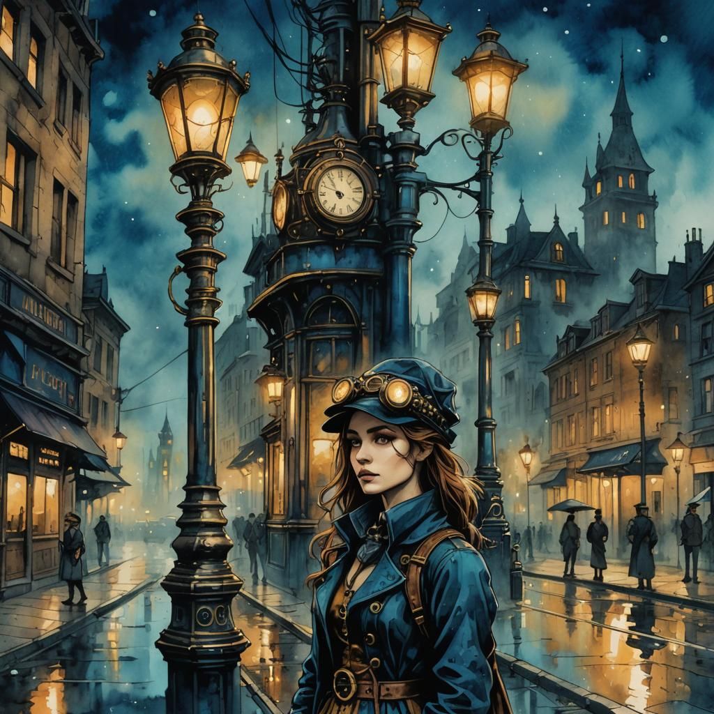 Steampunk Woman by Lamppost: Ink Painting Style