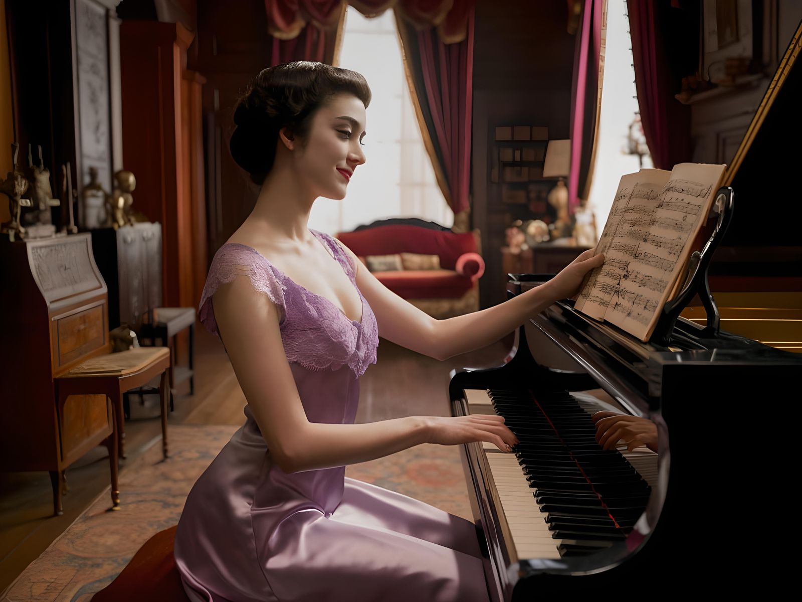 Vintage Woman at Piano in Elegant Parlor