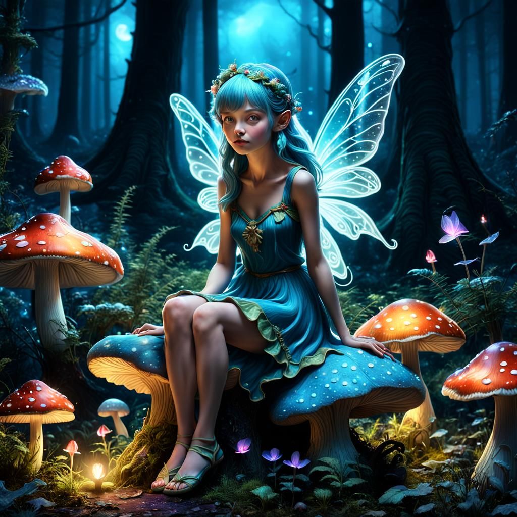 Ethereal Fairy on Mushroom in Enchanted Forest