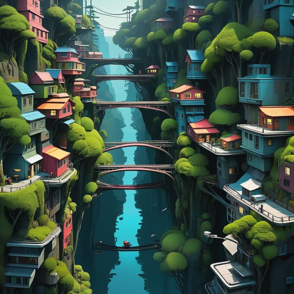 Steampunk Tree Tunnel Architecture on Serene Waterway