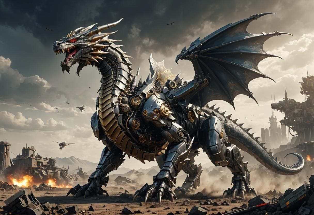 Futuristic Metallic Mecha Dragon on Battlefield