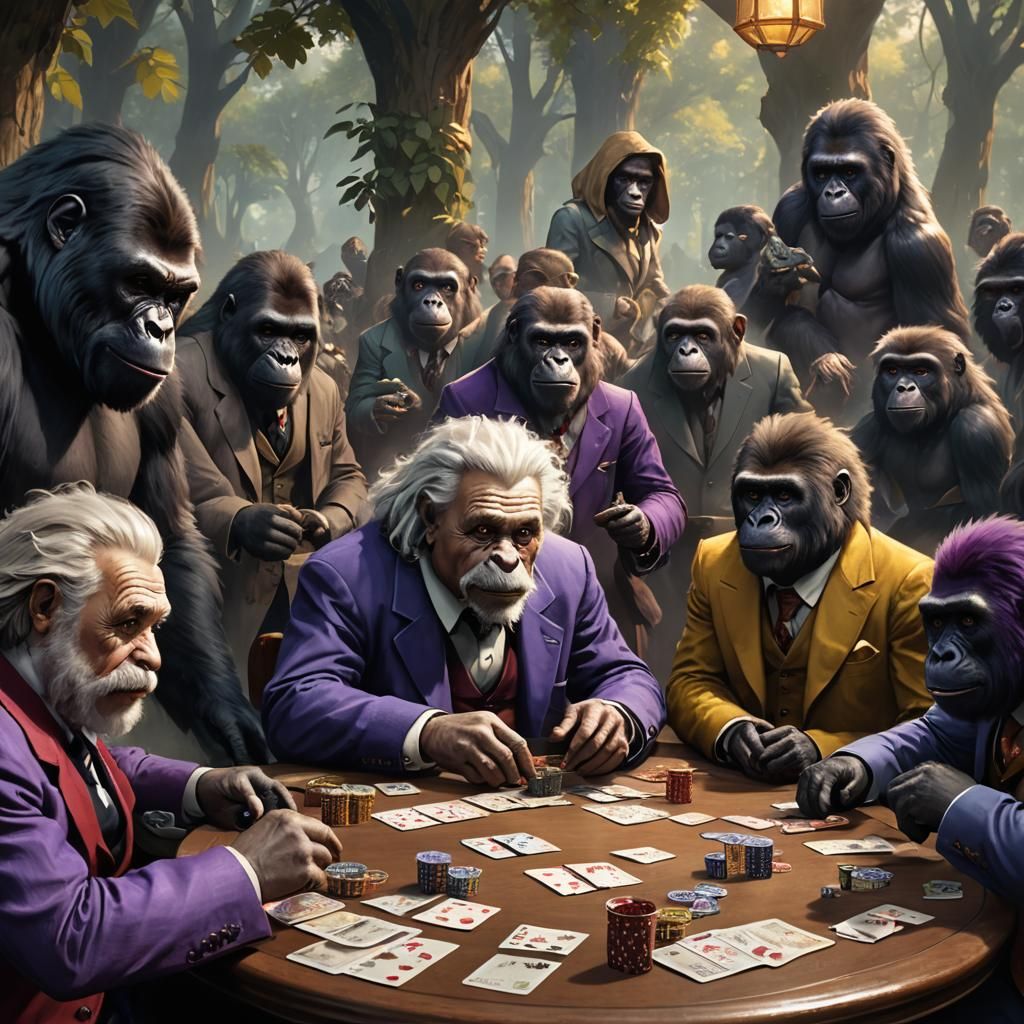 Einstein Plays Pinochle With Dapper Gorillas in Dark Fantasy...