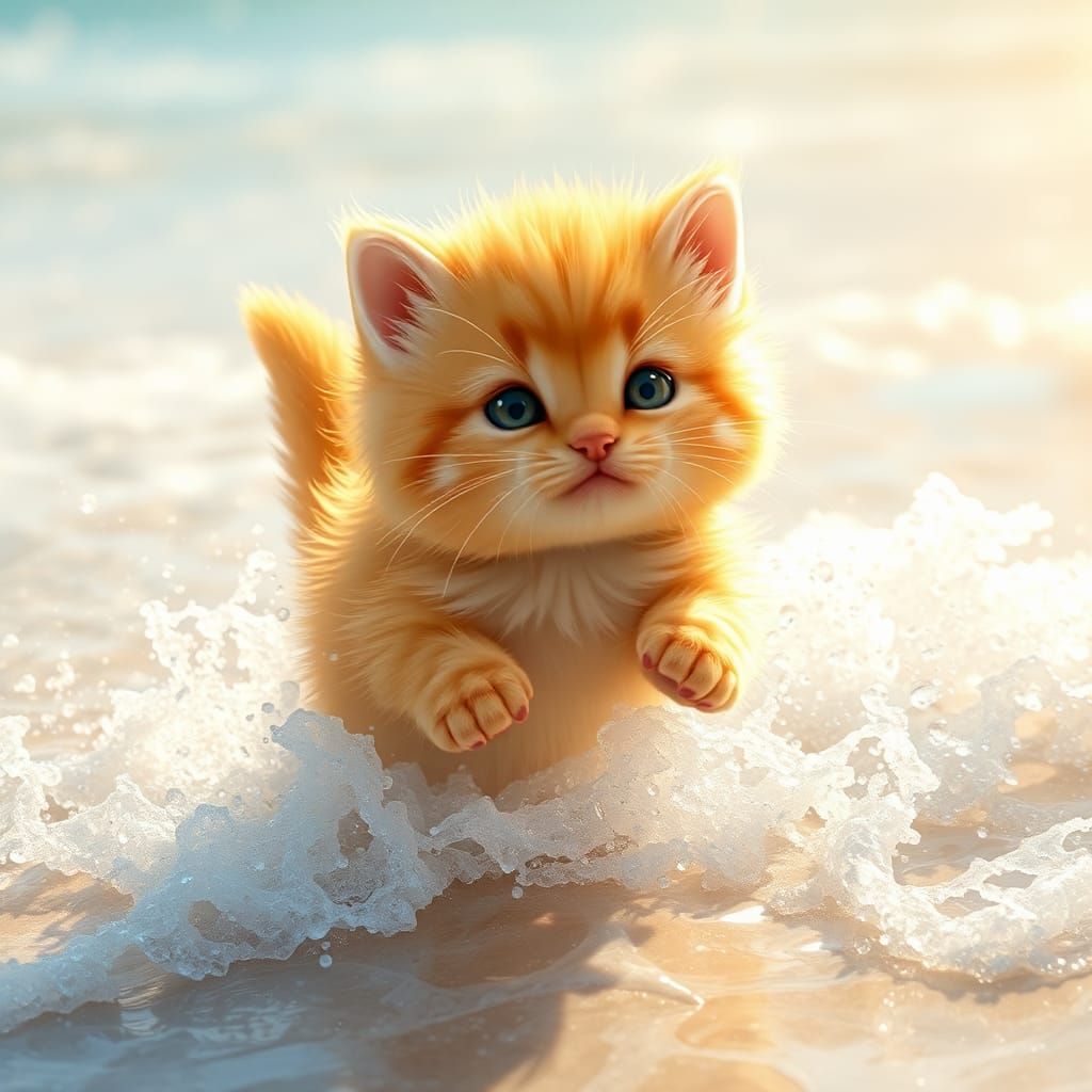 Golden Kitten's Beach Day: Anime-Inspired 3D Art