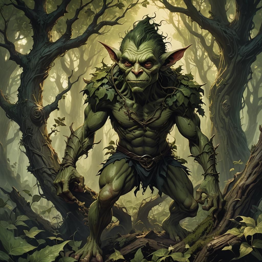 Menacing Goblin in Enchanted Glade, Fantasy Illustration