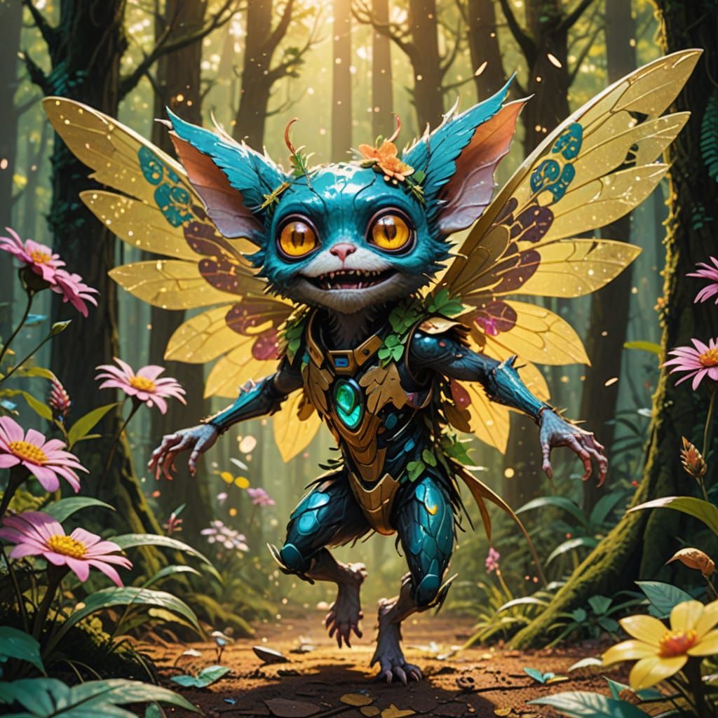 Cyberpunk Gremlin Dances in Sun-Dappled Forest