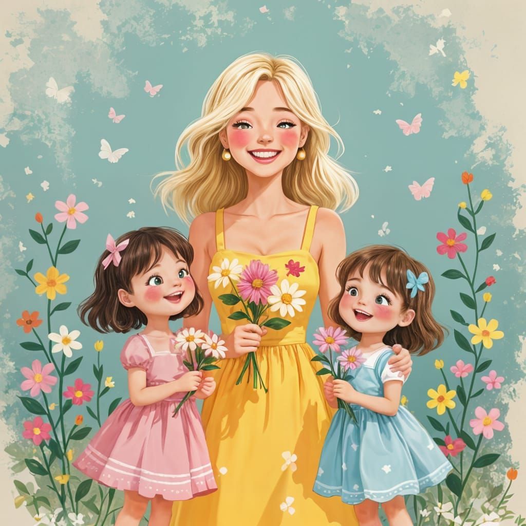 Cartoon Family with Flowers in Miyazaki Style