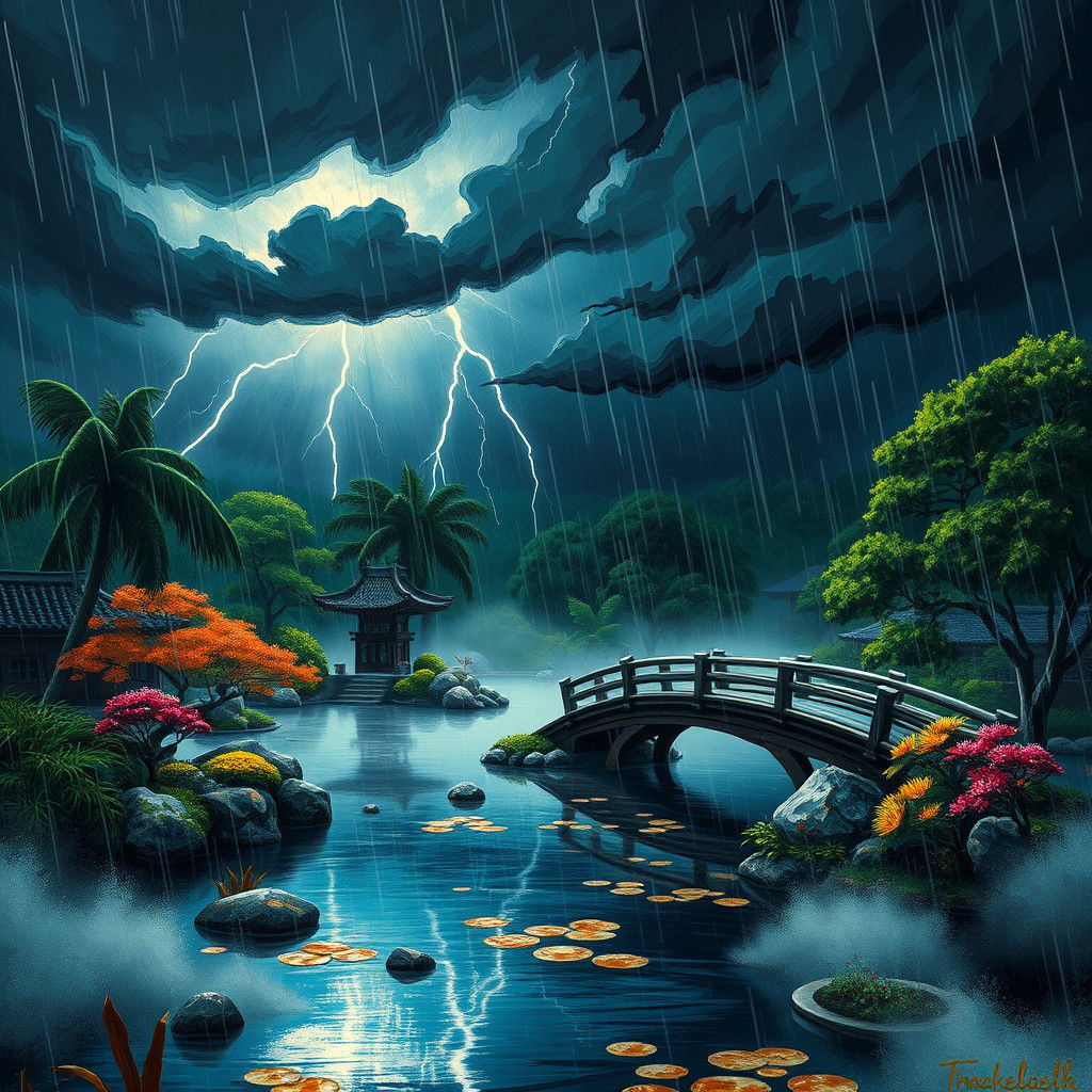 Stormy Japanese Garden in Expressionist Digital Painting Sty...