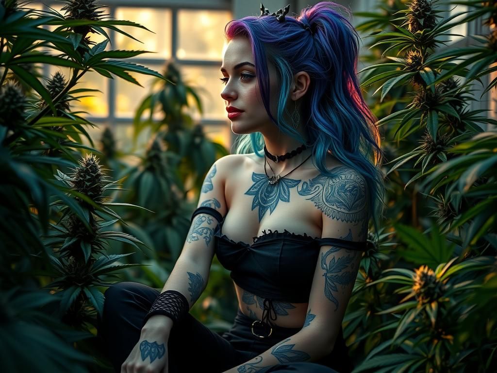 Gothic Stoner Girl in Greenhouse, Ethereal Digital Art