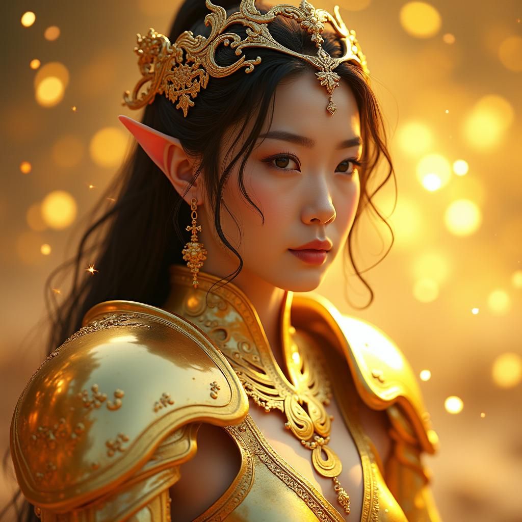 Divine Asian Goddess in Gleaming Gold Virgo Armor