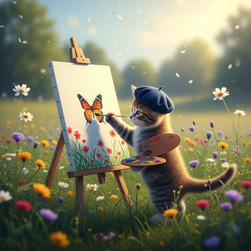 Kitten Artist Paints Butterfly in Dreamlike Meadow