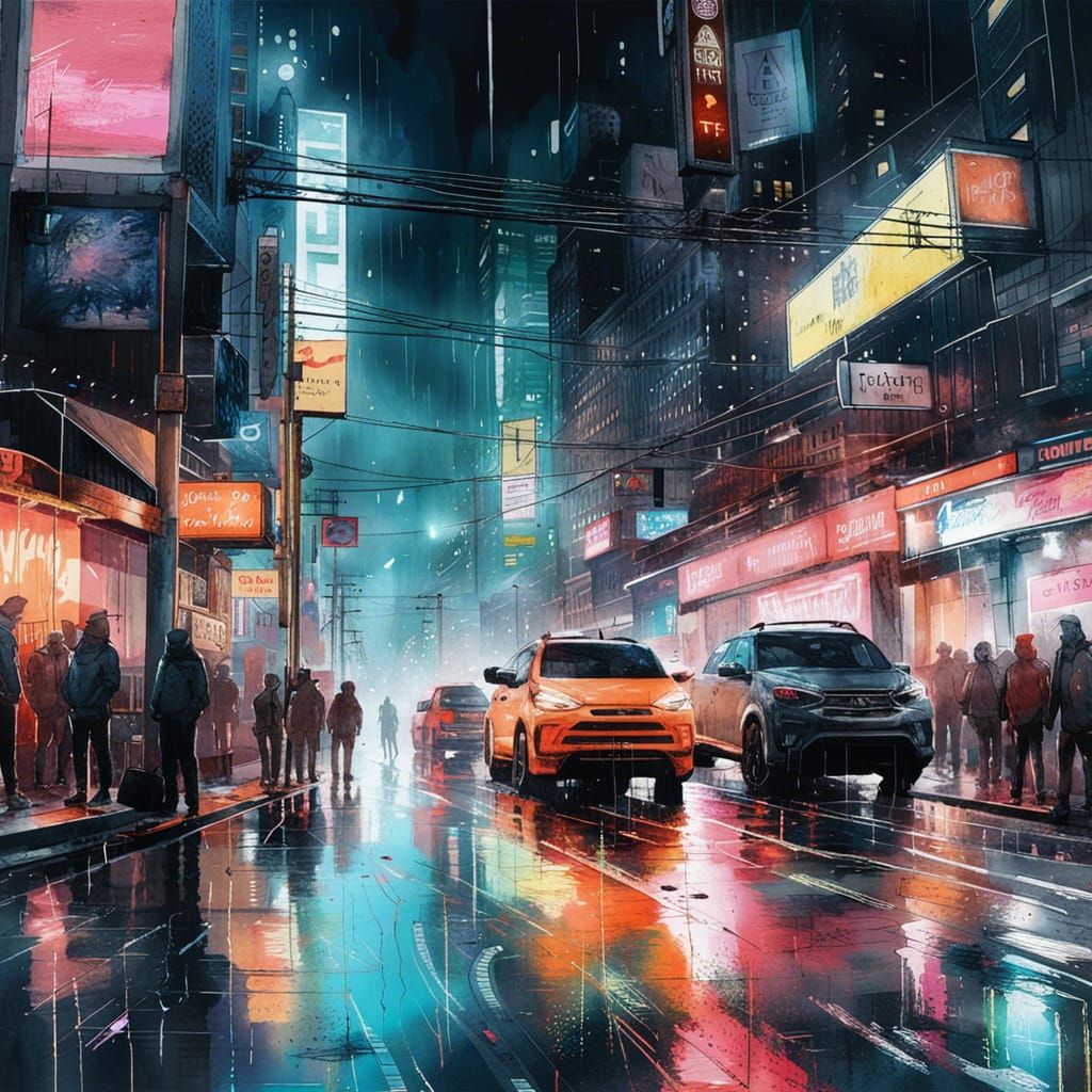 Neon City Street at Night in Watercolor Style