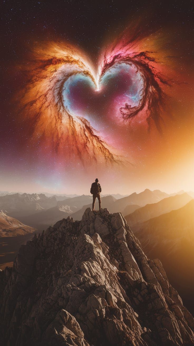 Explorer Gazing at Nebulas on Sunlit Mountain Peak