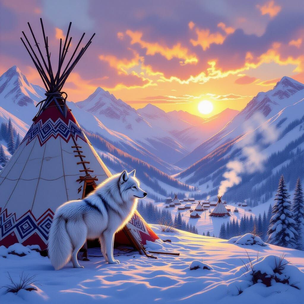 Lone Wolf at Sunset: Hyperdetailed Landscape Painting