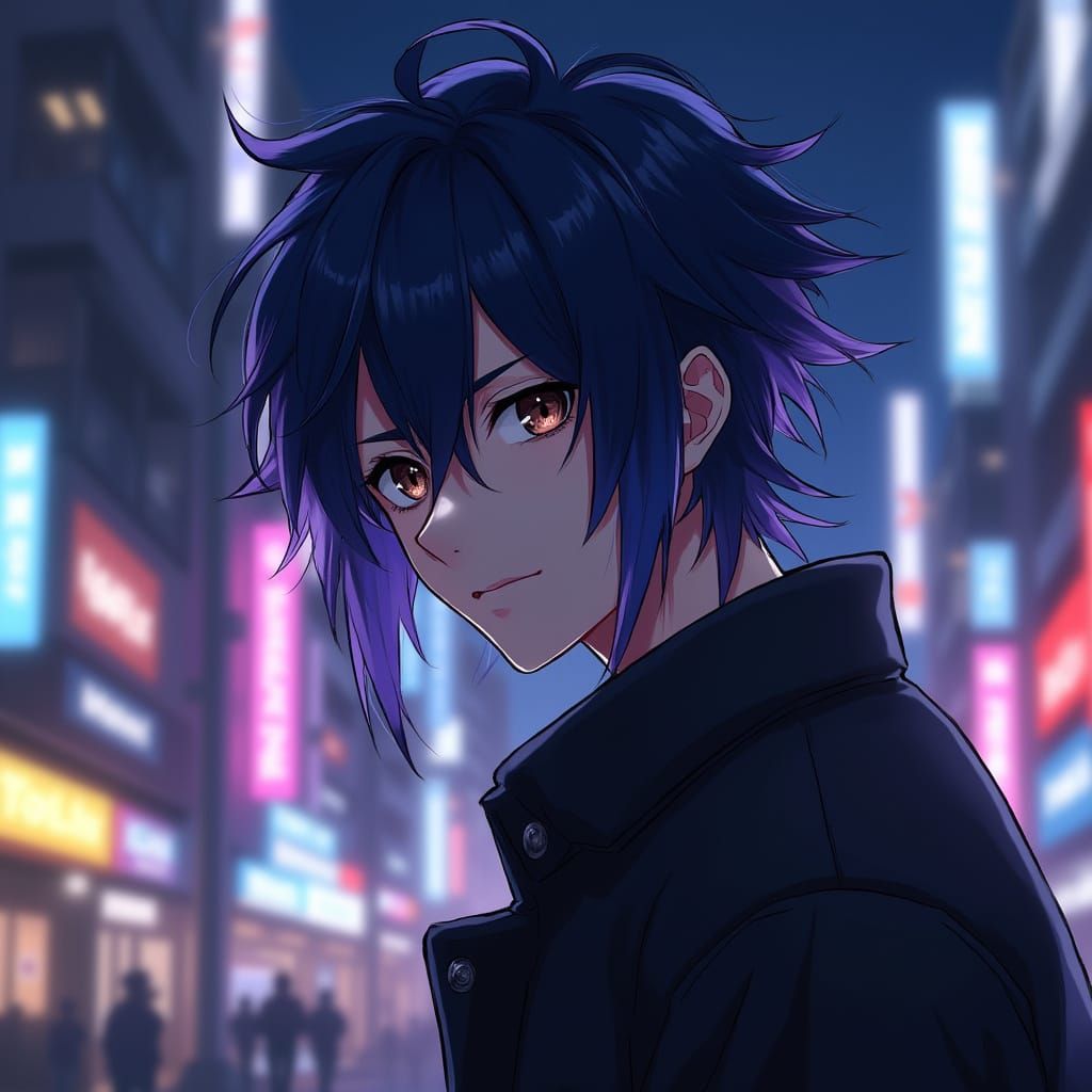 Emo-Punk Man with Wolf Cut in Neon City Anime Style