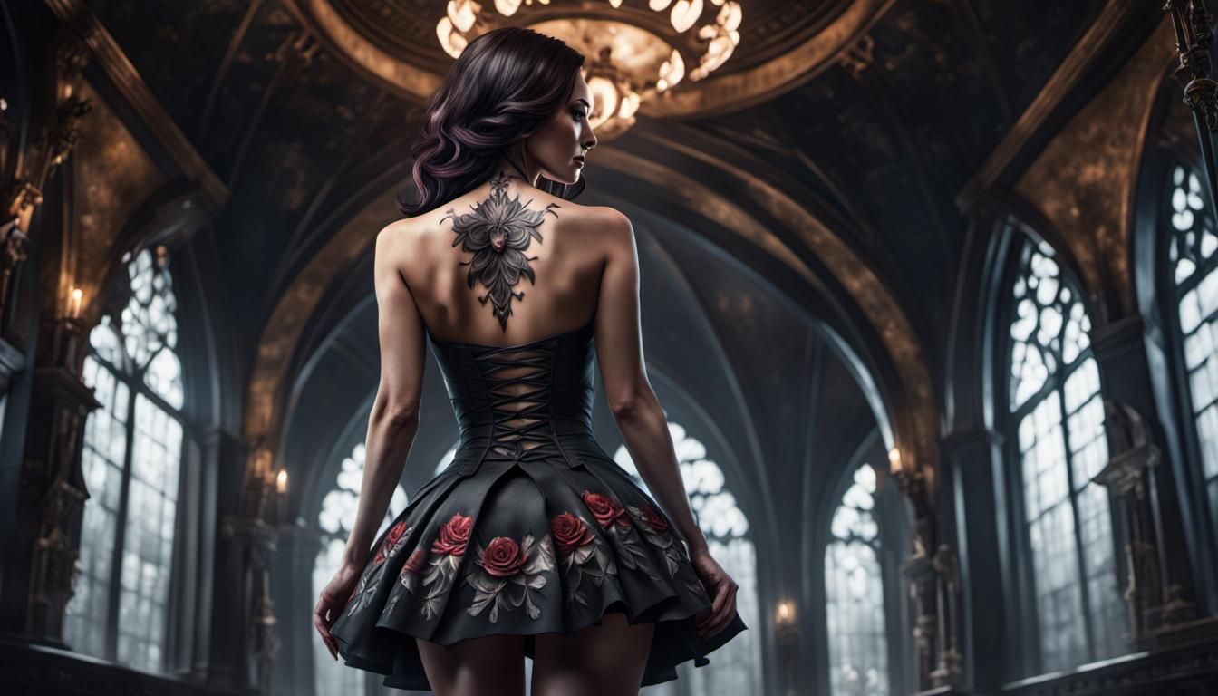 Sensual Brunette with Gothic Tattoo in Dark Fantasy Art