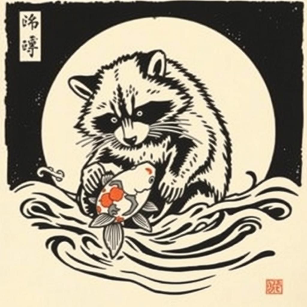 japanese woodcut inspired raccoon catching koi fish. tattoo....