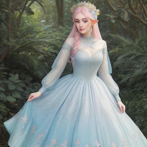 Pastel Glitter Elven Dress with Embroidery