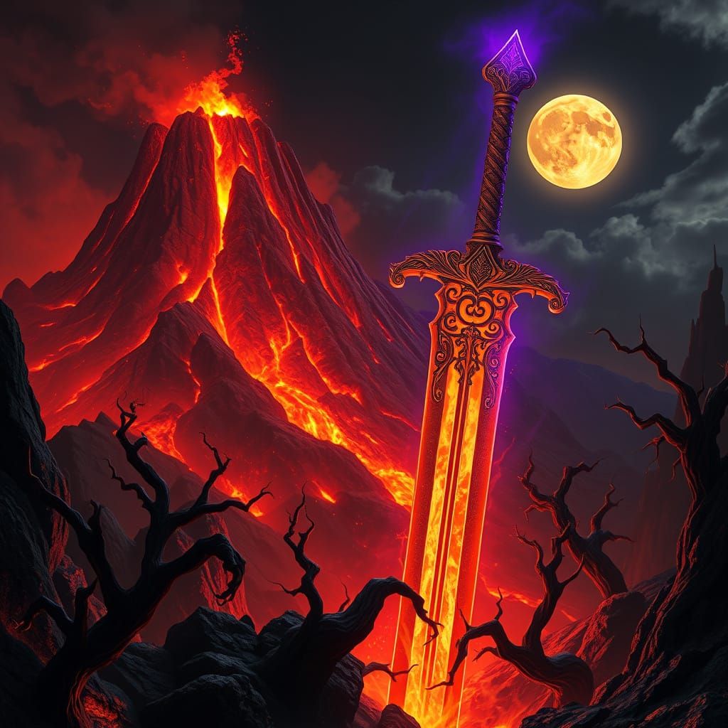 Epic Dark Fantasy Scene: Volcanic Sword Emerge