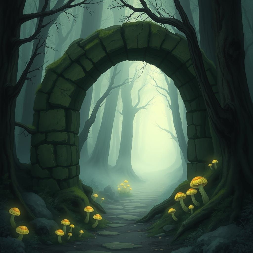 Enchanted Forest Archway with Glowing Fungi in Storybook Sty...