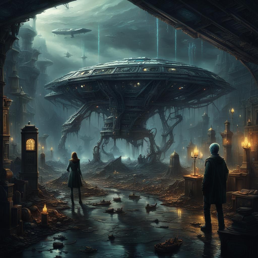 Eerie Forest Lake with Alien Spaceship, Digital Painting