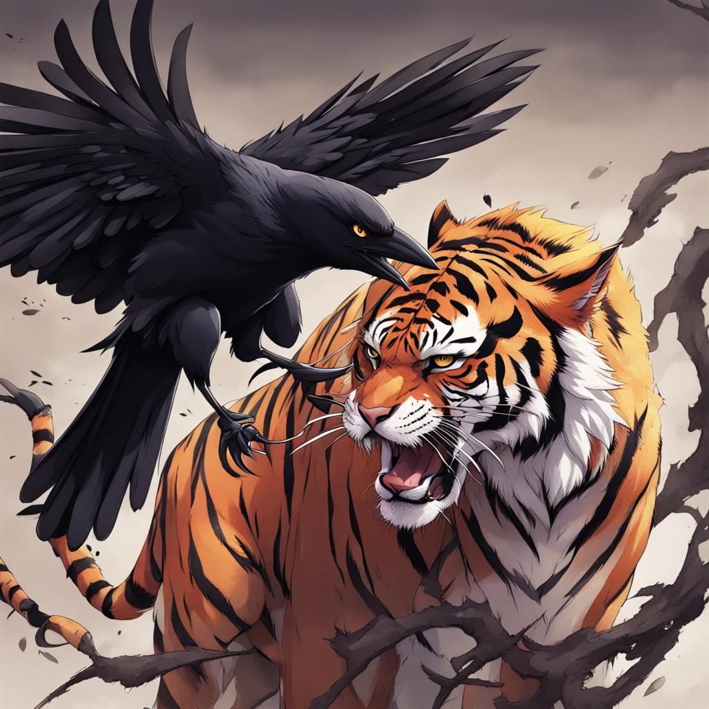 Angry Crow Confronts Tiger in Anime Style
