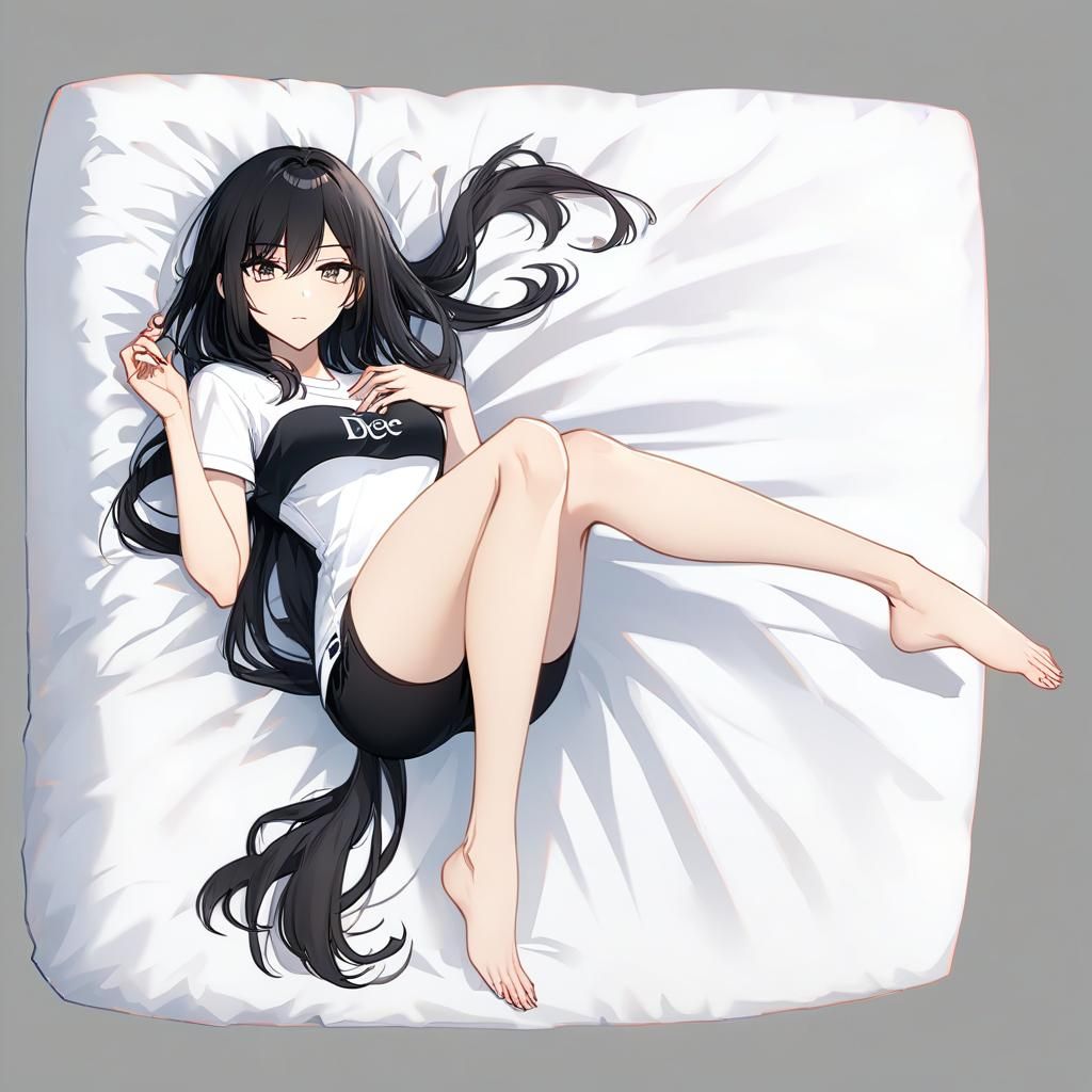 Attractive Girl with Long Black Hair on Bed