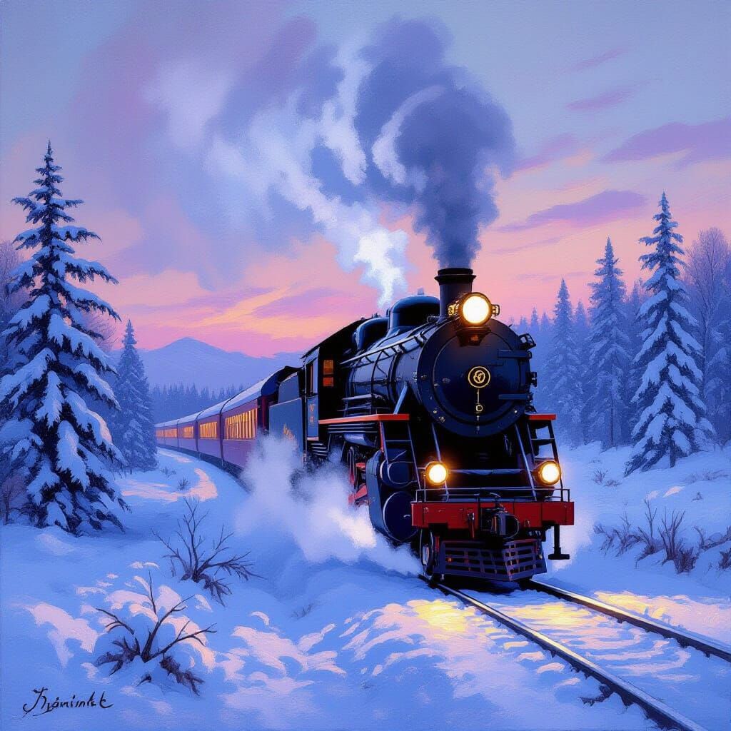 Impressionist Steam Train in Snowy Twilight