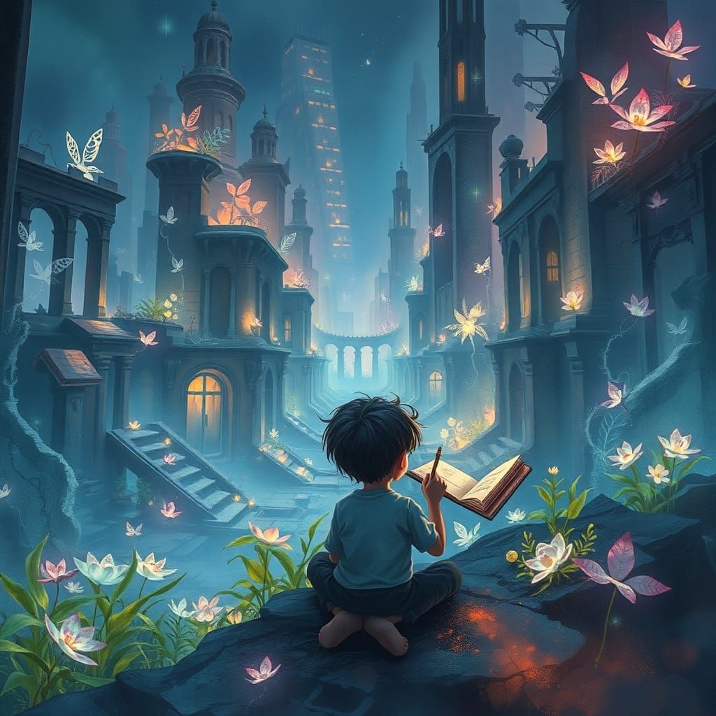 Child Sketches in Bioluminescent Ruined City as Watercolor P...