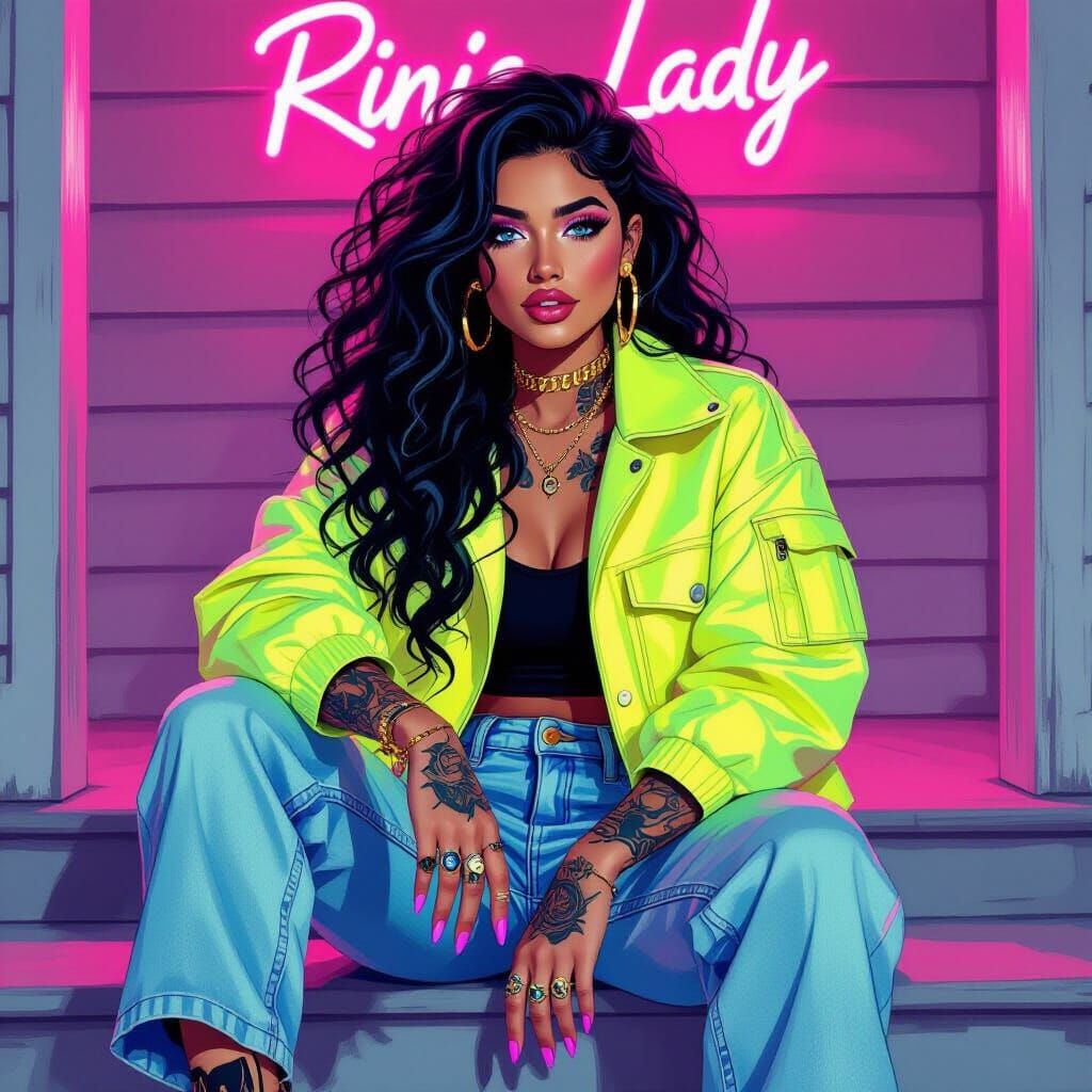 Neon Fashion Portrait in Expressionist Oil Style