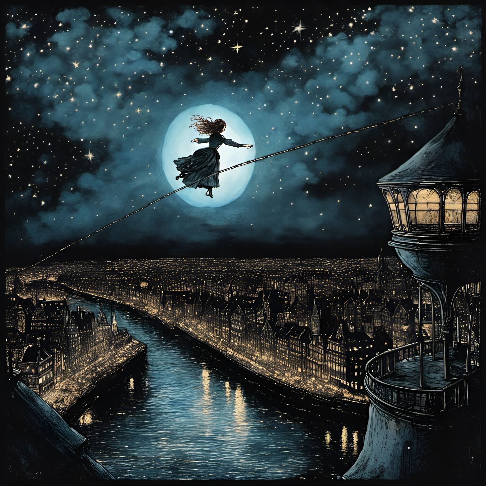 Victorian girl walking a tightrope high above the city