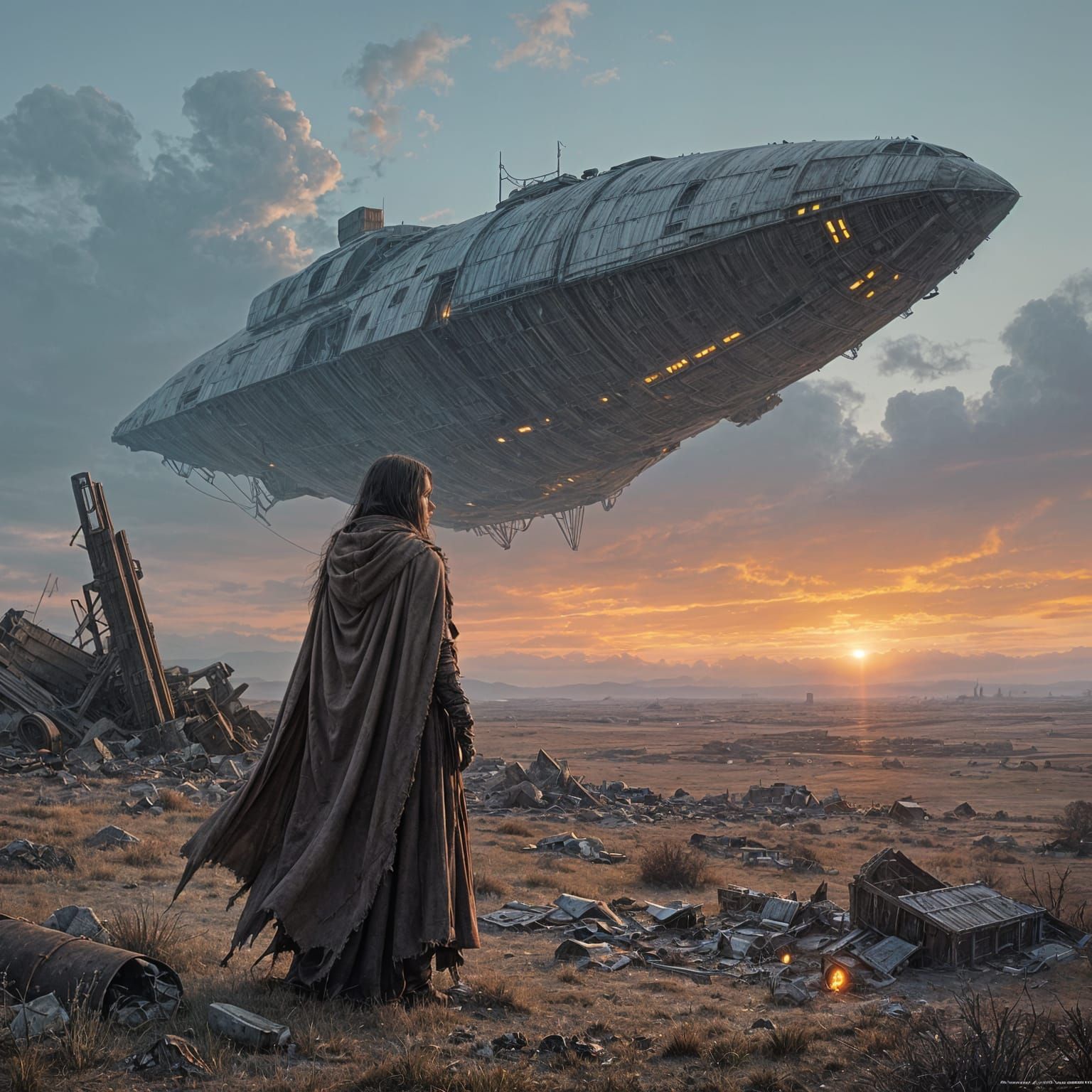 Lone Survivor on Windswept Plain with Colossal Spaceship Wre...