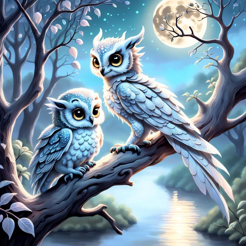 Enchanting Dragon and Owl Meeting in Moonlight
