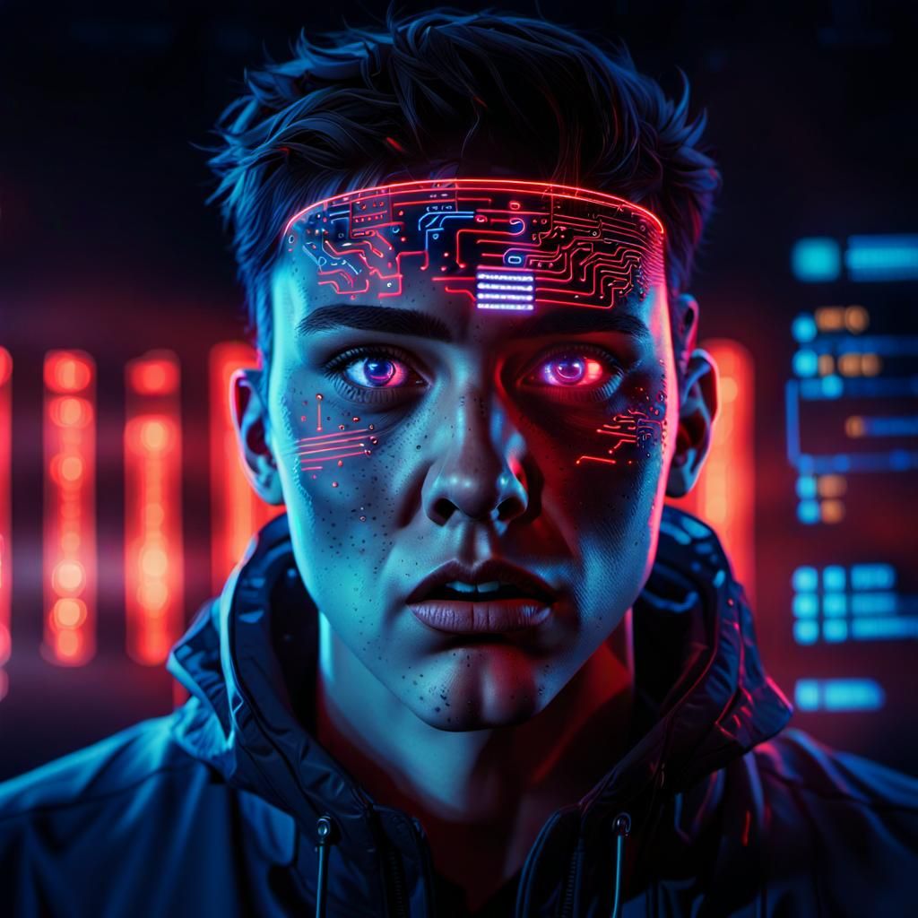 Shocked Hacker in Cyberpunk Style Digital Art