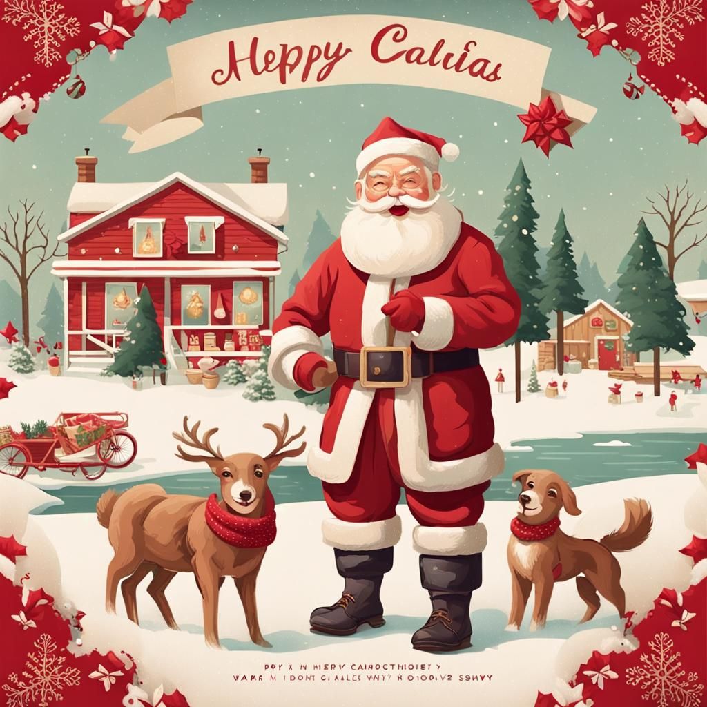 Retro Holiday Greetings Card: Snowy Village Scene