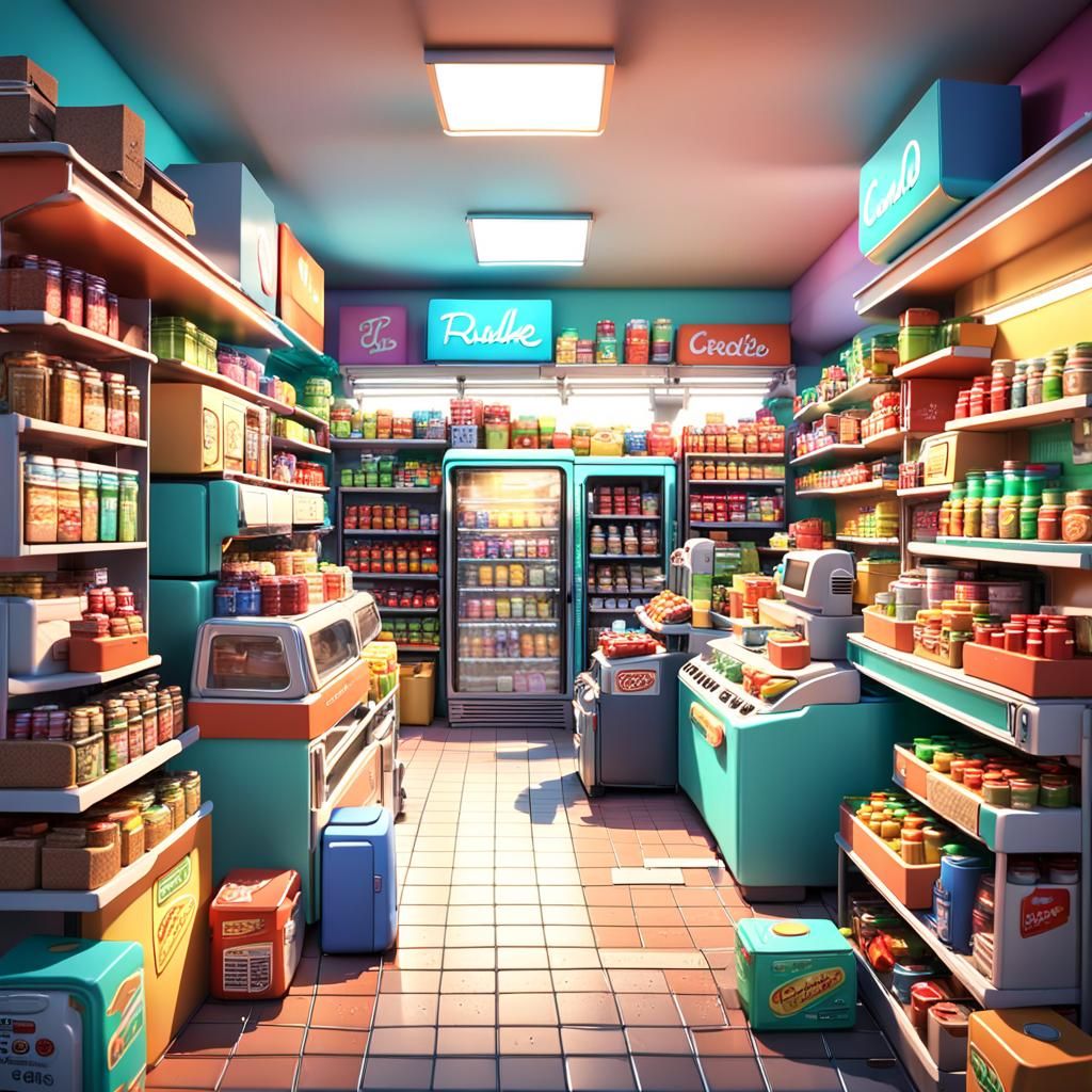 Vibrant Convenience Store Scene in Animated Style