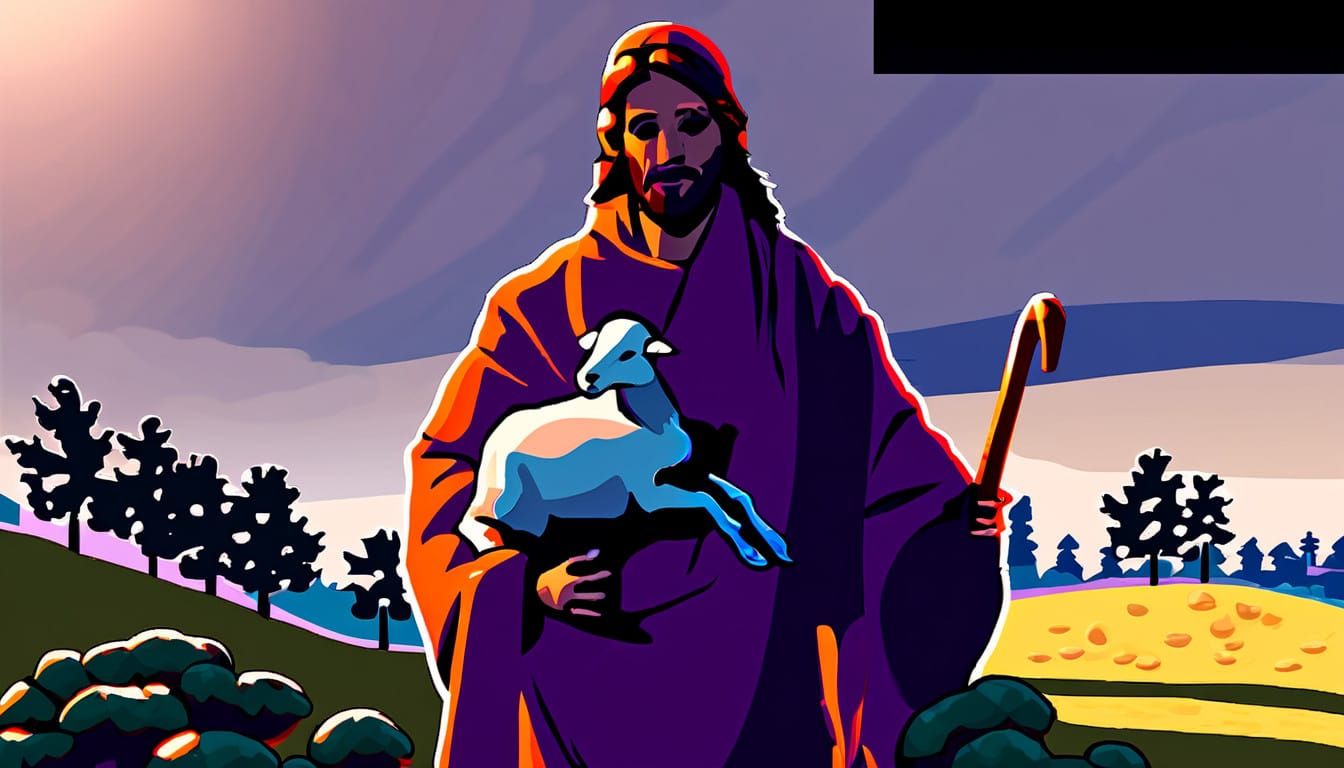 Jesus Christ with Lamb in Mystical Landscape