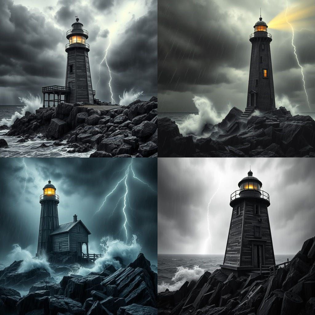 Sinister Lighthouse on Stormy Coast in Black and White