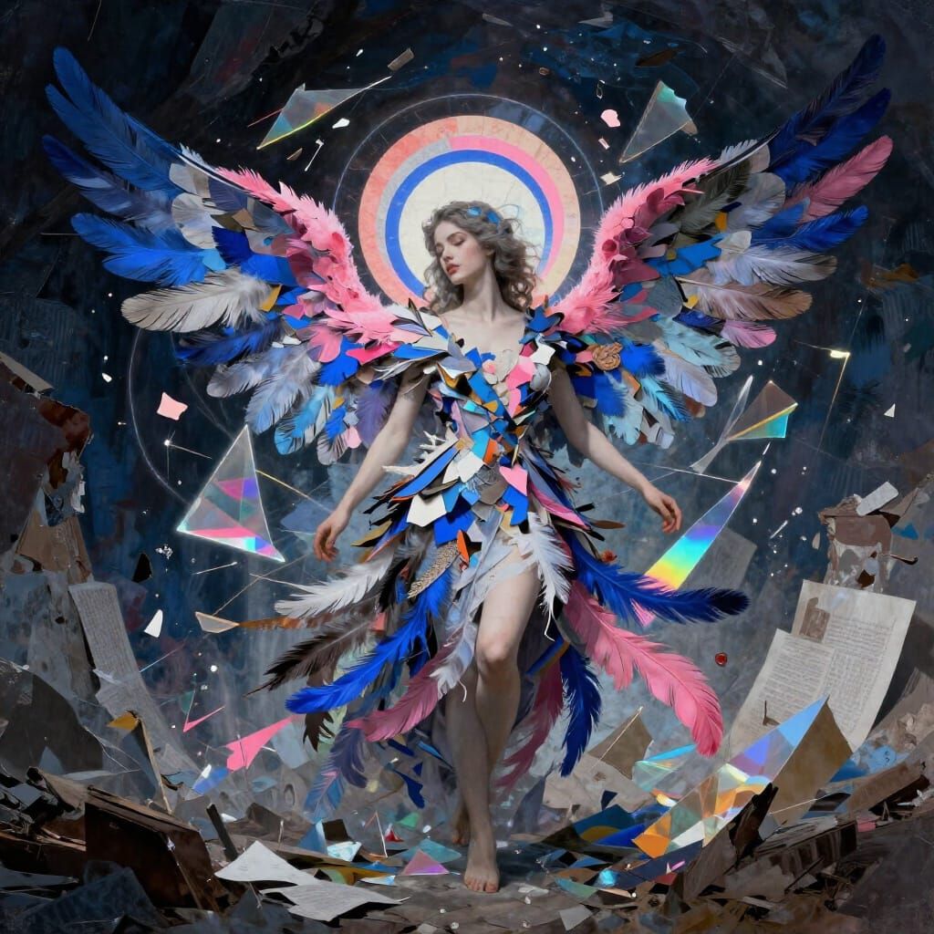 Fallen Celestial Collage: Winged Angel in Prism Assemblage
