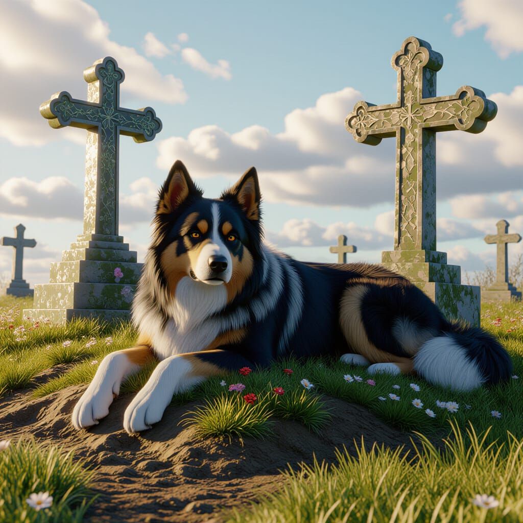 Loyal Dog Guards Grave in Fantastical Matte Painting