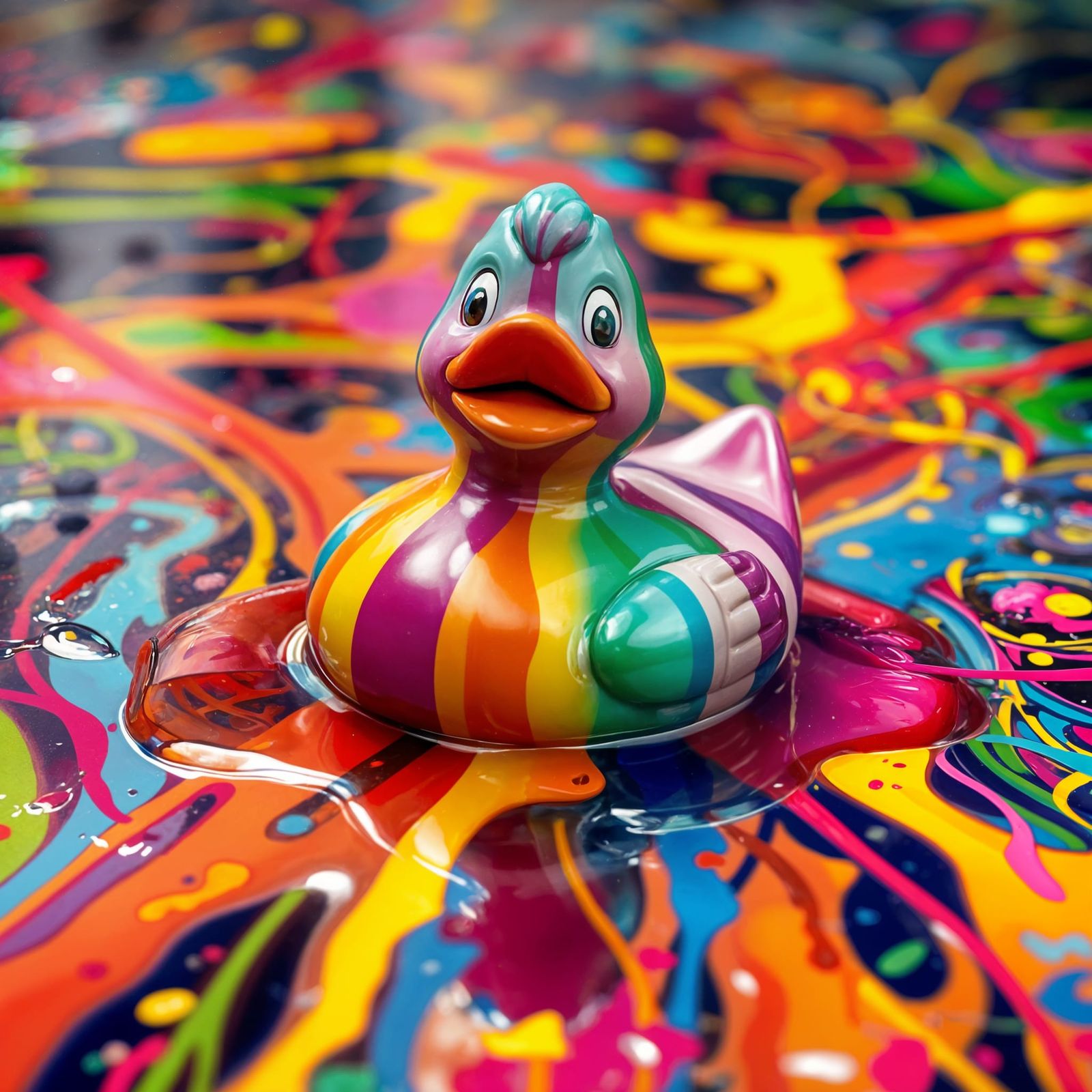 Surrealistic Rubber Duck in Hyperrealistic Rainbow Pond