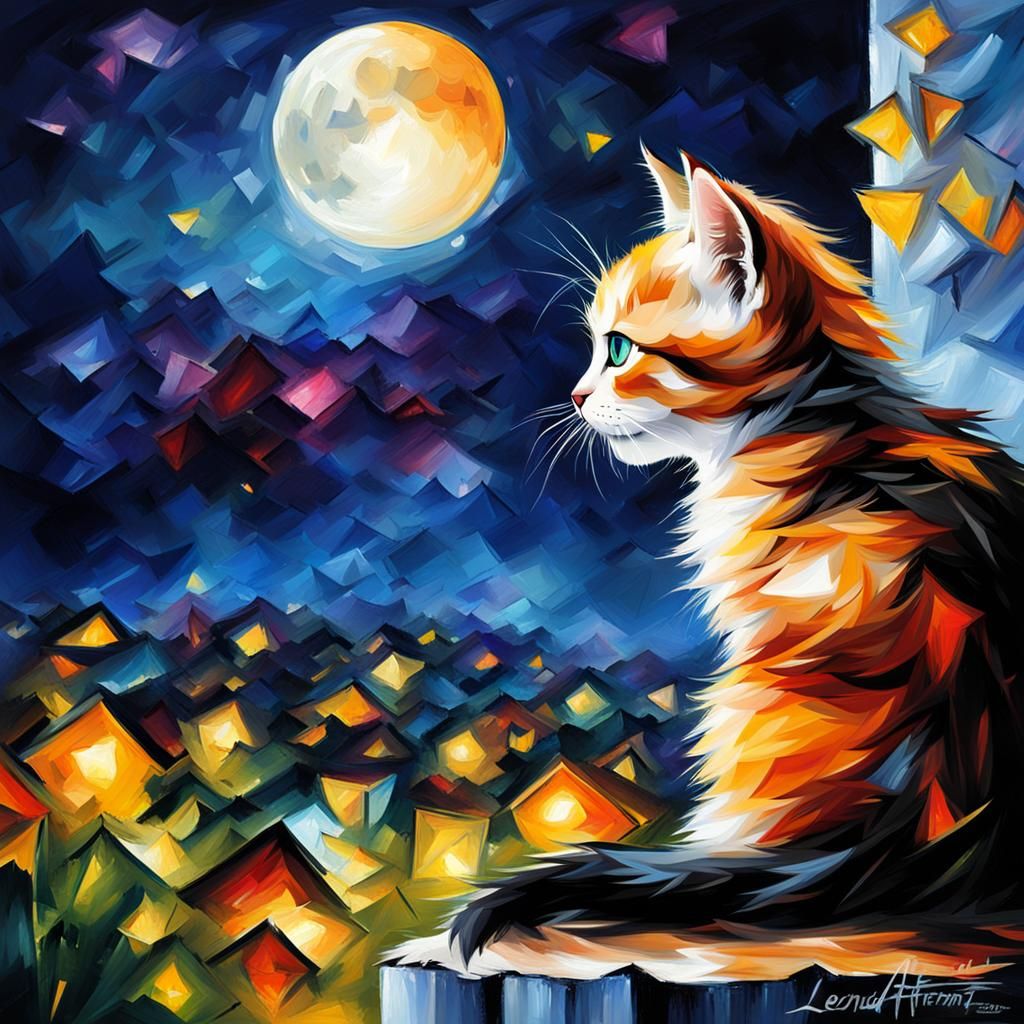 Kitten Moon Gazing in Ragged Impasto Style