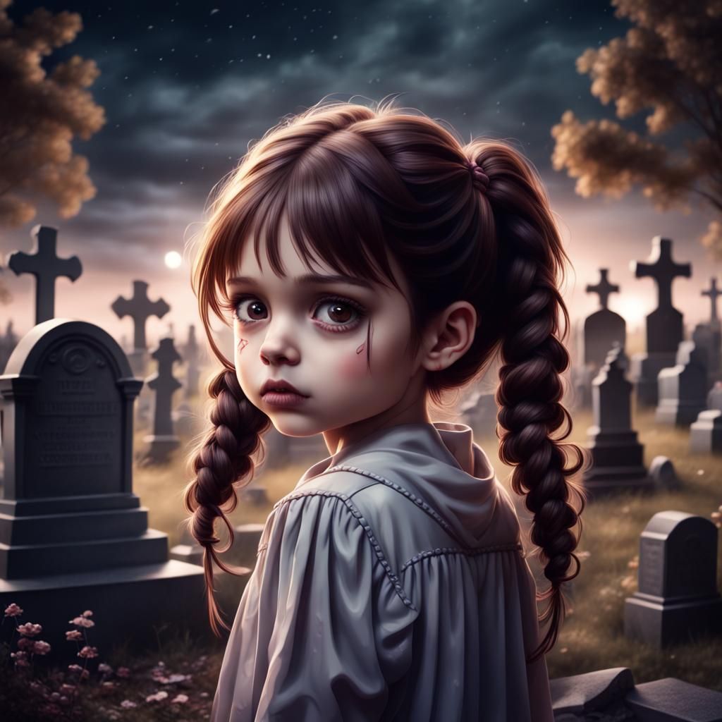 Little Vampire Girl in Cemetery at Night