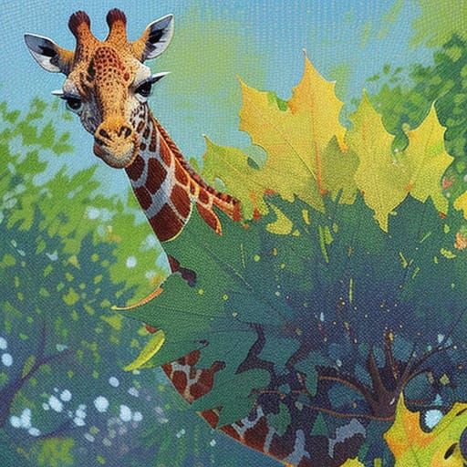 Pointillist Giraffe Eating Leaves in Warm Impressionist Styl...