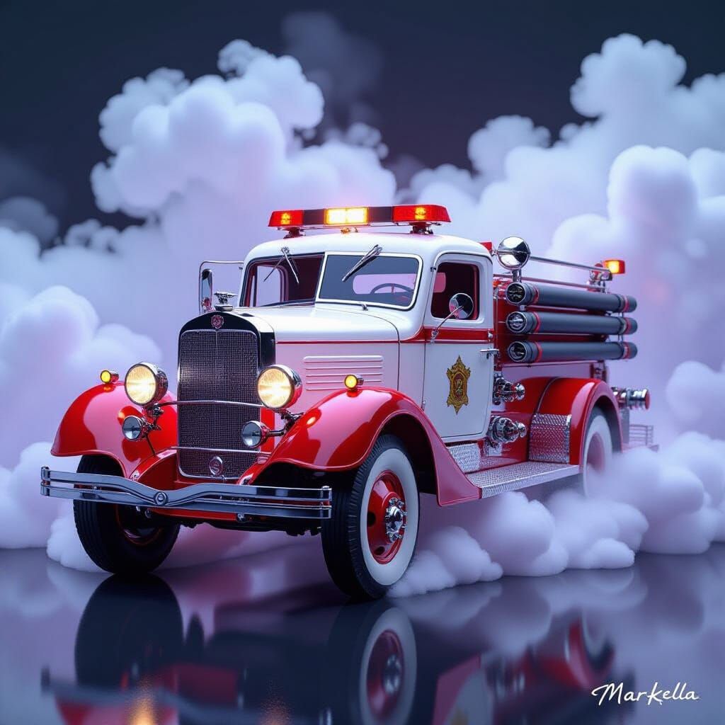 1930s Fire Truck in Smoke, Hyperrealistic Style