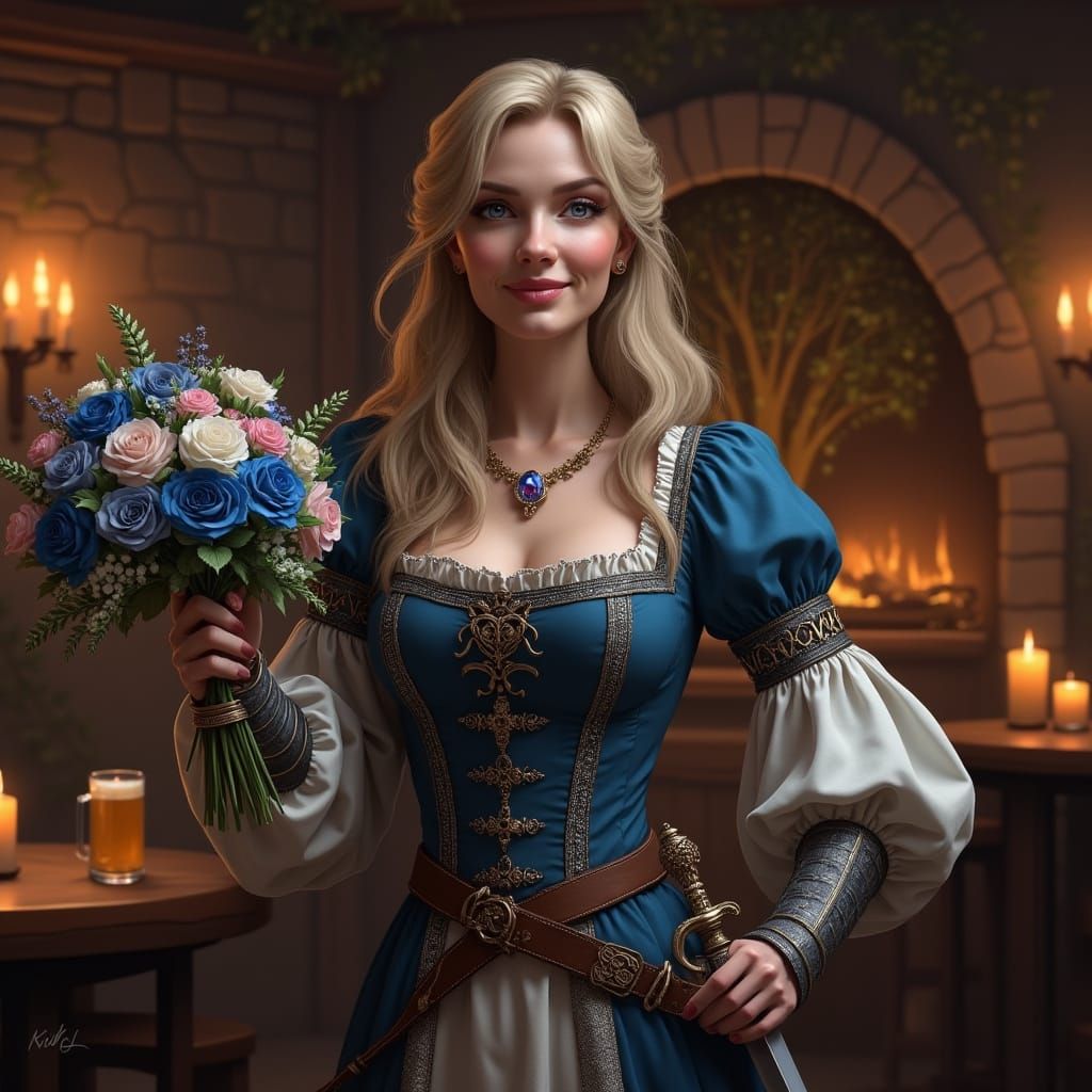 Medieval Tavern Keeper with Rapier and Flowers