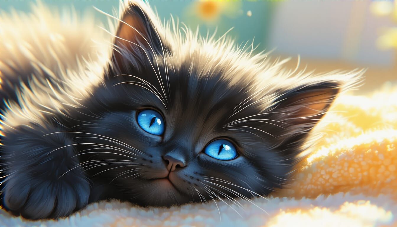 Fluffy Black Kitten Asleep in Sunshine, Whimsical Art