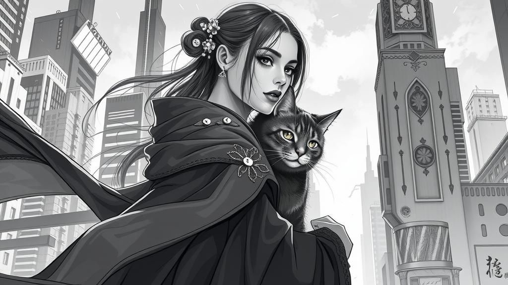 Elegant Woman and Cat in Cyberpunk Cityscape